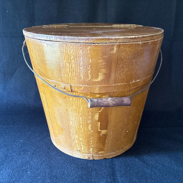 Large wooden firkin bucket with hinged lid and wire handle – rustic farmhouse storage pail