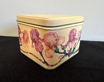 Vintage floral tin by Potpourri Press – 1992 decorative storage box with iris design