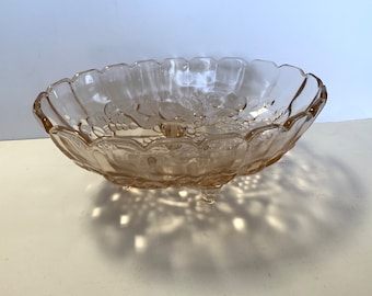 Footed glass serving bowl - caramel tones - with fruit themes - large and heavy - perfect fruit bowl