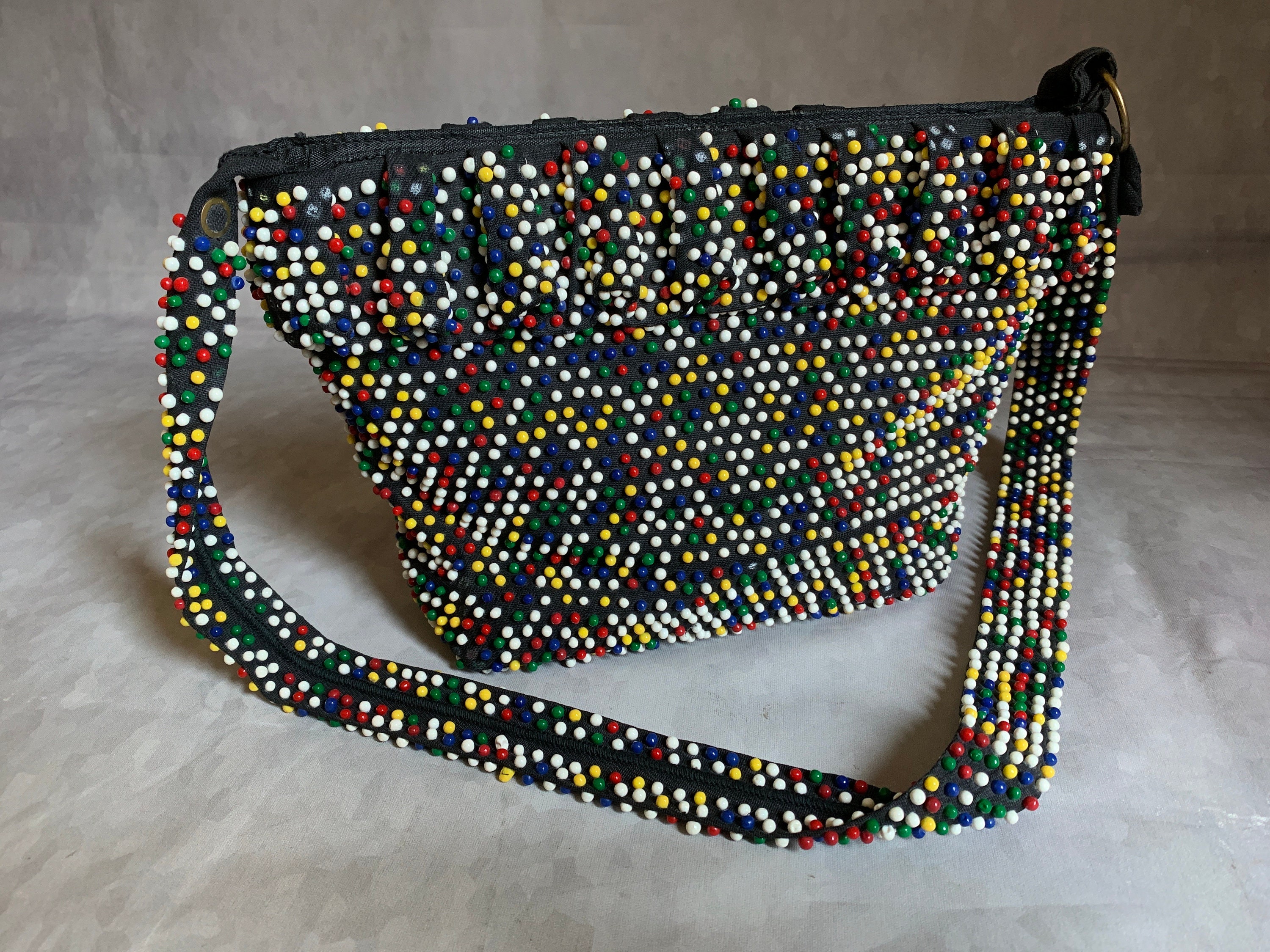 Vintage 1960s Lumured Purse Exquisite Caviar Beaded Primary Colored Bag