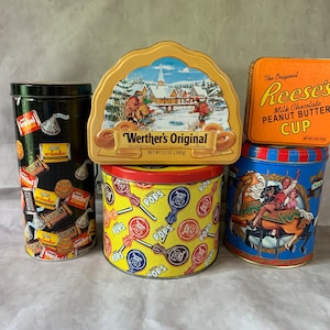 Set of 5 candy tins - great display item - Tootsie Pops, Milky Way, Hershey&#39;s Miniatures, Werther&#39;s Originals, Reese&#39;s Peanut Butter Cups
