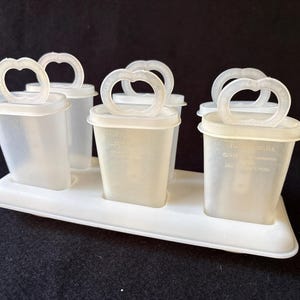 Peut inclure: Un ensemble de six moules à sucettes glacées en plastique transparent avec des poignées et des couvercles blancs, disposés dans un plateau blanc. Les moules sont rectangulaires et ont une poignée en forme de cœur. Le plateau est également blanc.