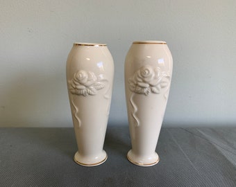 Pair of Lenox rosebud vases - off white porcelain with gold accents and roses