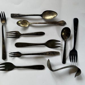 Vintage child-size silverplate flatware lot - 10 assorted forks & spoons - Oneida, Rogers, Sheffield