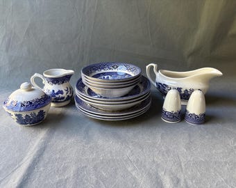 Vintage Churchill blue willow dinnerware set – English transferware plates bowls serving pieces creamer sugar gravy boat