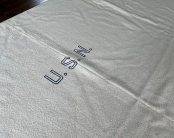 Vintage US Navy wool blanket - Cream white - USN stamped - Medical Corps bedding, WWII Era military surplus throw blanket (66" x 80")