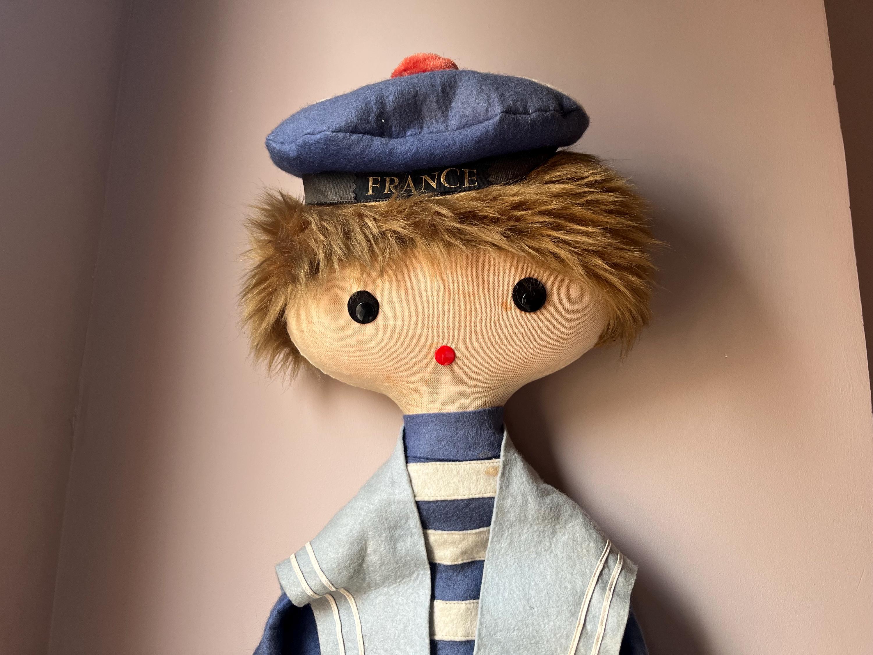 France souvenir wall hanging doll - felt details - sailor suit with bellbottoms - 1960s or 1970s