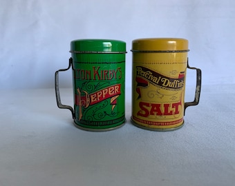 Percival Duffin's salt and Elton Kirby's pepper - vintage shakers - great antique lettering