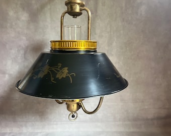 Three-piece wall-mount light with plug - black shade with gold details, frosted hurricane shade, gold body - weighted height adjustment