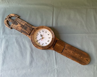 FOUND IN SPAIN -- wrist watch wall clock -- 1980s - made from wood