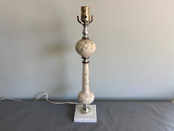 Vintage hand-painted glass table lamp – floral twisted column lamp with marble base, Hollywood Regency style