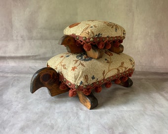 Pair of matching turtle footstools - original upholstery - pom pom trim
