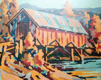 Vintage paint-by-number picture - covered bridge - autumn tones