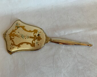 Exquisite antique hand mirror - gold toned handle and frame