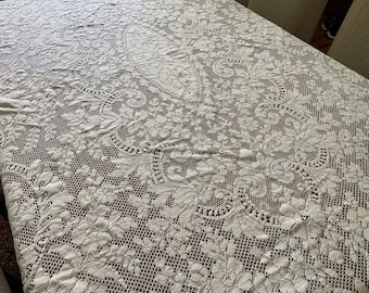 Stunning vintage tablecloth - ecru color - paisleys, flourishes and open work - 68 inches x 100 inches