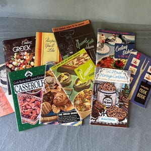 Vintage cookbook booklet lot – 10 mid-century and promotional recipe booklets, casseroles, desserts, international and gourmet cooking