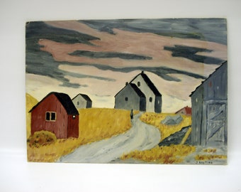 Vintage oil painting - moody village