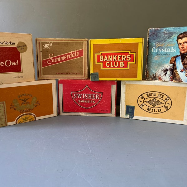 Set of 7 vintage cigar boxes - great graphics - perfect for storage or crafty projects - Bankers Club, White Ash, White Owl, Summerdale