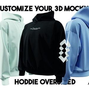 Peut inclure: Trois sweats à capuche de couleurs différentes avec une capuche, des manches longues et une poche kangourou. Les sweats sont vert clair, noir et bleu clair. Le sweat noir porte l'inscription "THE 3DATELIER" imprimée sur le devant. Le sweat bleu clair a un motif géométrique blanc sur la manche. Le texte "HOODIE OVER SIZED" est imprimé sous les sweats. Le texte "THE 3D ATELIER" est imprimé sous le sweat bleu clair.