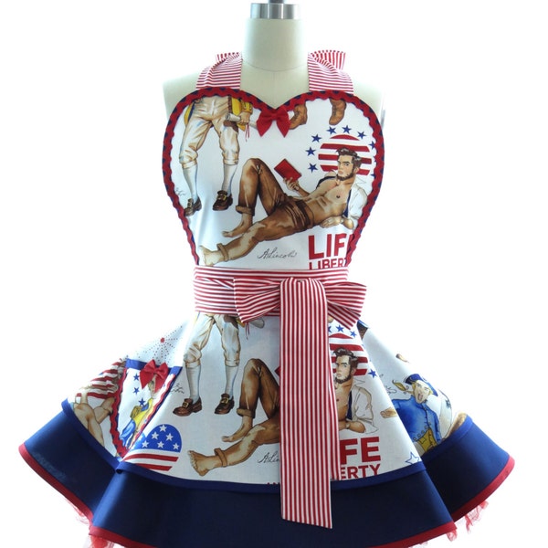 Retro Apron - Patriotic Hunks Sexy Womans Aprons - Vintage Apron Style - Red White Blue Pin up Rockabilly Cosplay Lolita