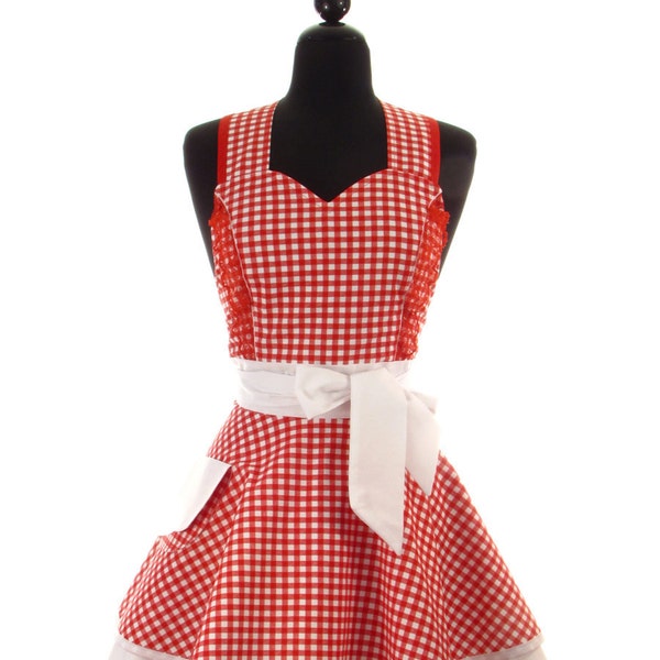 Womens Sweetheart Neckline "Red Riding Hood" Apron - Sexy in Red and White Gingham SARAH Full Double SkirtApron