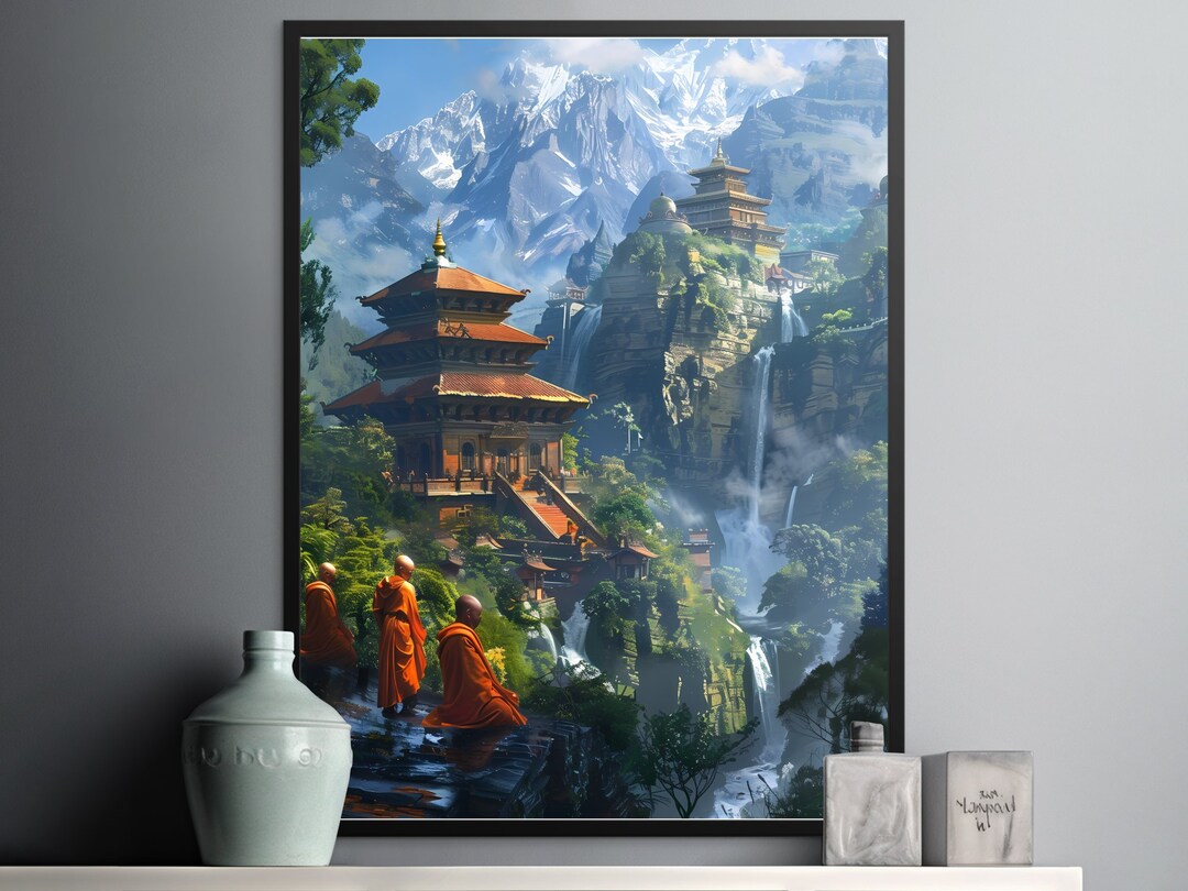 Serene Mountain Temple Landscape Print, Asian Inspired Wall Art ...