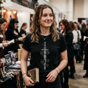 Könnte beinhalten: Schwarzes T-Shirt mit einem detaillierten Schwert- und Rosen-Design in Grau und Weiß. Die Person hält ein Buch mit dem Titel "Shadow Warrior". Der Hintergrund zeigt eine Buchmesse.