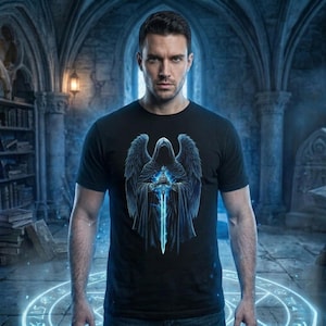 Könnte beinhalten: Schwarzes T-Shirt mit einer detaillierten Grafik einer Kapuzenfigur mit Engelsflügeln, die ein leuchtendes blaues Schwert hält. Das Design ist vor dem Hintergrund eines gotischen Innenraums mit Steinbögen und Bücherregalen platziert.