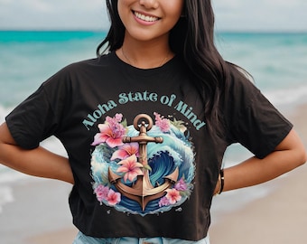 Aloha Shirt - Hawaiian Beach Shirt with Tropical Flowers & Anchor Print | Summer Shirt, Aloha Gift, Hawaii Art Tee Unisex Softstyle T-Shirt