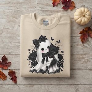 Ghost Sweatshirt with Bow , Spooky Season Cute Coquette Goth Crewneck, Halloween Ghost Tee, Aesthetic Autumn Top