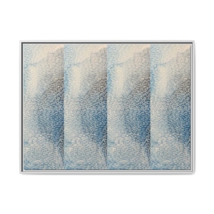 May include: A rectangular framed wall art piece featuring a repeating pattern of four vertical panels. The design consists of small, horizontal white dashes layered over a gradient of blue and beige tones, creating a textured, woven appearance.