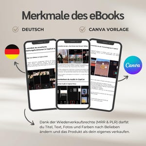 May include: Three smartphones displaying CapCut editing features, with text in German. The image includes the German flag, a Canva logo, and text stating resale rights. The title reads "Merkmale des eBooks".