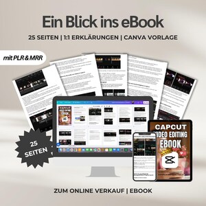 May include: A digital marketing image showcasing an eBook titled "CAPCUT VIDEO EDITING EBOOK." The image features a computer monitor, tablet, and smartphone displaying the eBook's content. The text includes "25 SEITEN" and "ZUM ONLINE VERKAUF | EBOOK."