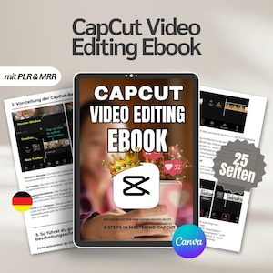 Puede incluir: Un ebook digital titulado "CapCut Video Editing Ebook" se muestra en una tableta. La portada presenta el logotipo de CapCut con una corona e iconos de corazón. Páginas adjuntas detallan los pasos de edición y la marca Canva.