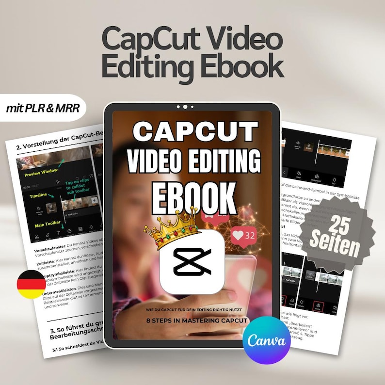 May include: A digital ebook titled "CapCut Video Editing Ebook" is displayed on a tablet. The cover features the CapCut logo with a crown and heart icons. Accompanying pages detail editing steps and Canva branding.