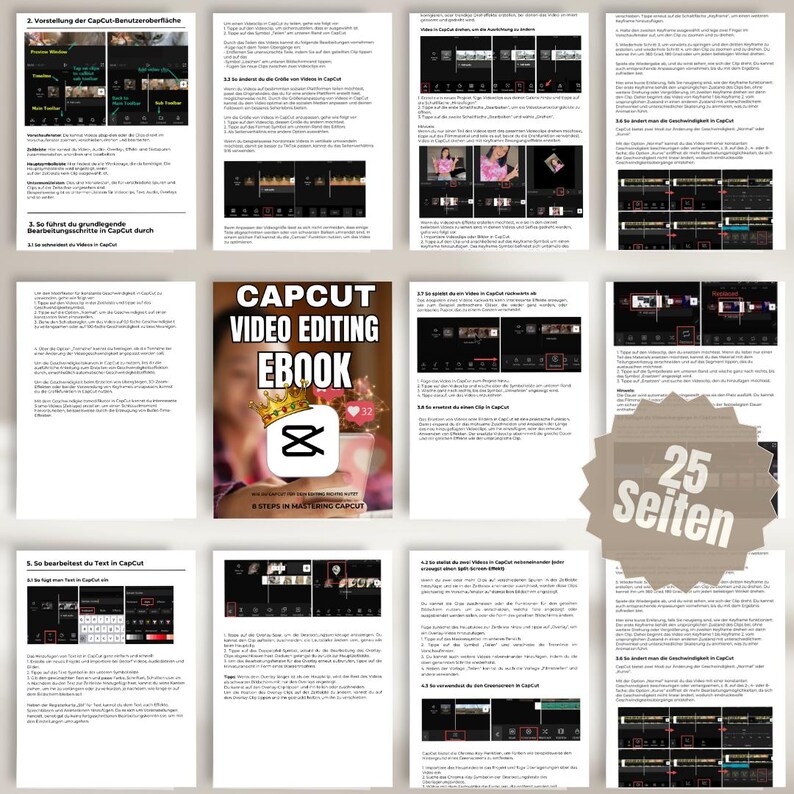 May include: A collection of pages from a CapCut video editing ebook. The cover features the text "CAPCUT VIDEO EDITING EBOOK" with a crown and a heart icon. The pages are in German and include screenshots of the CapCut interface.
