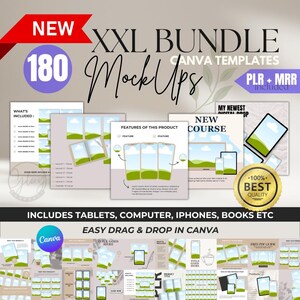 Könnte beinhalten: Ein digitales Produkt-Mockup-Paket mit 180 Canva-Vorlagen. Das Bild zeigt eine Vielzahl von Mockups, darunter Tablets, Computer, Telefone und Bücher. Der Text "NEW XXL BUNDLE CANVA TEMPLATES 180 Mock Ups PLR + MRR included" wird oben im Bild angezeigt.