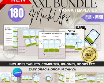 180 Canva Mockup Templates Bundle | iPad, Tablet, Phone Mockups | Digital Product Mockup for Etsy | Social Media Templates | PLR & MRR