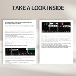 May include: Two-page spread from a guide on video editing with CapCut. The text "TAKE A LOOK INSIDE" is at the top. The pages show screenshots and instructions on using the app's features, including split-screen effects and the greenscreen function.