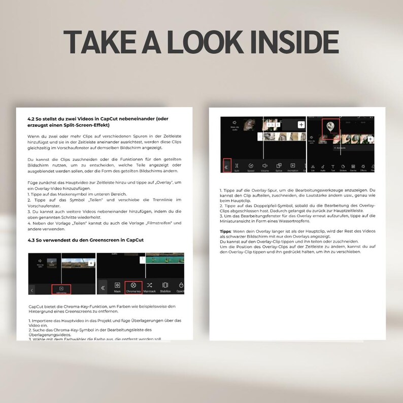 May include: Two-page spread from a guide on video editing with CapCut. The text "TAKE A LOOK INSIDE" is at the top. The pages show screenshots and instructions on using the app's features, including split-screen effects and the greenscreen function.