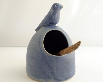 Ceramic salt cellar  Blue bird  Salt pig Made to order