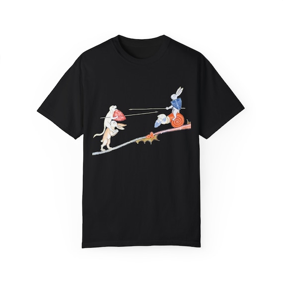 Medieval Jousting Rabbit T-Shirt: Whimsical Manuscript Art