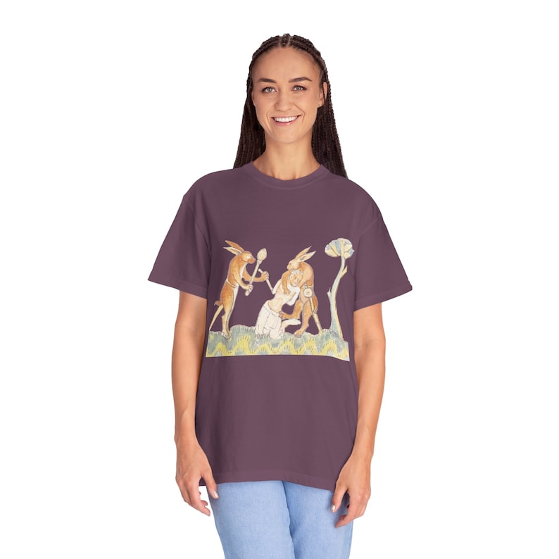Medieval Rabbits Capturing Human T-Shirt: Whimsical History Tee image 9