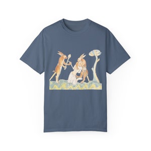 Medieval Rabbits Capturing Human T-Shirt: Whimsical History Tee Blue Jean