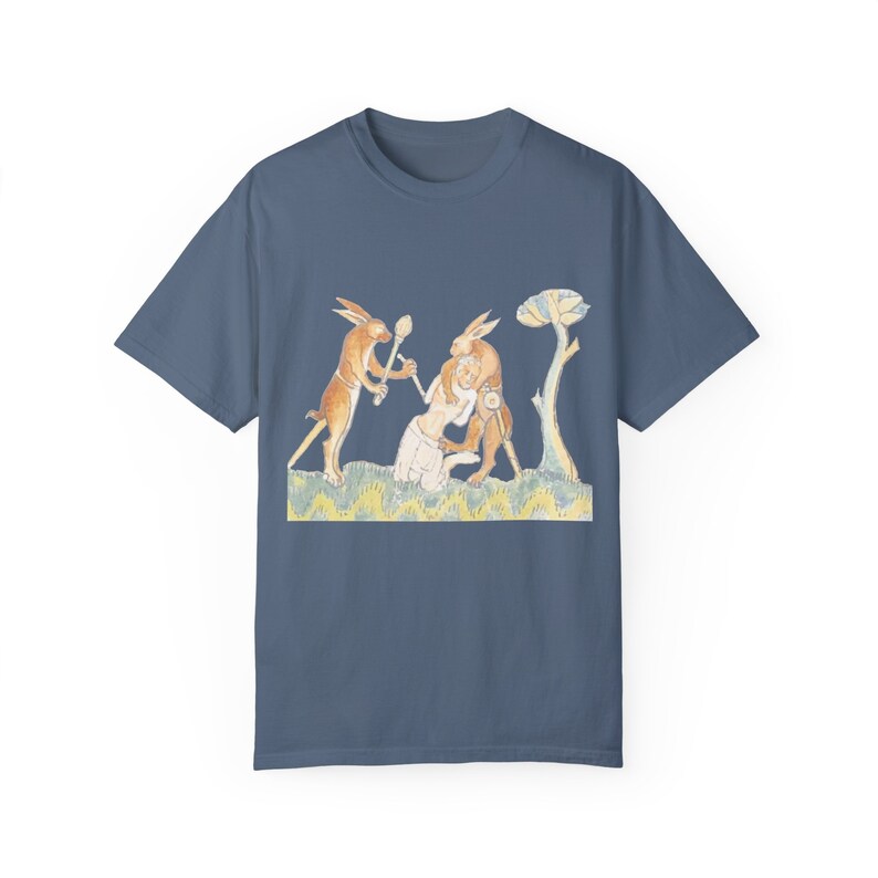 Medieval Rabbits Capturing Human T-Shirt: Whimsical History Tee Blue Jean
