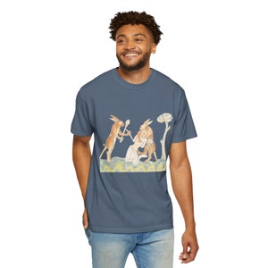 Medieval Rabbits Capturing Human T-Shirt: Whimsical History Tee image 8