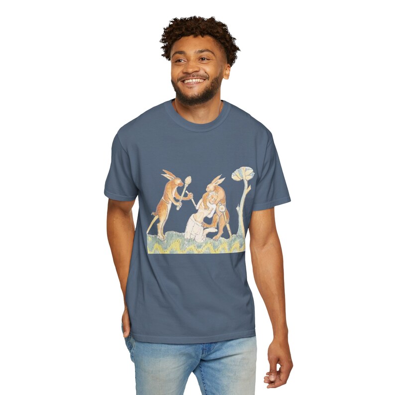 Medieval Rabbits Capturing Human T-Shirt: Whimsical History Tee image 8