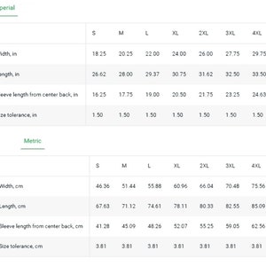 May include: Size chart for a garment with measurements in inches and centimeters. The chart shows the width, length, sleeve length from center back, and size tolerance for sizes S through 4XL.