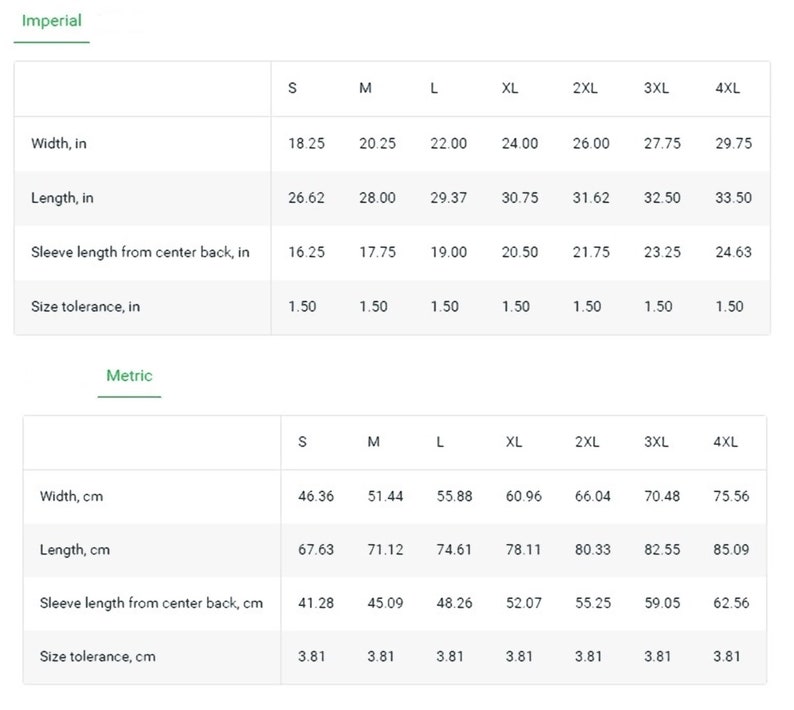 May include: Size chart for a garment with measurements in inches and centimeters. The chart shows the width, length, sleeve length from center back, and size tolerance for sizes S through 4XL.
