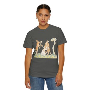 Medieval Rabbits Capturing Human T-Shirt: Whimsical History Tee image 7